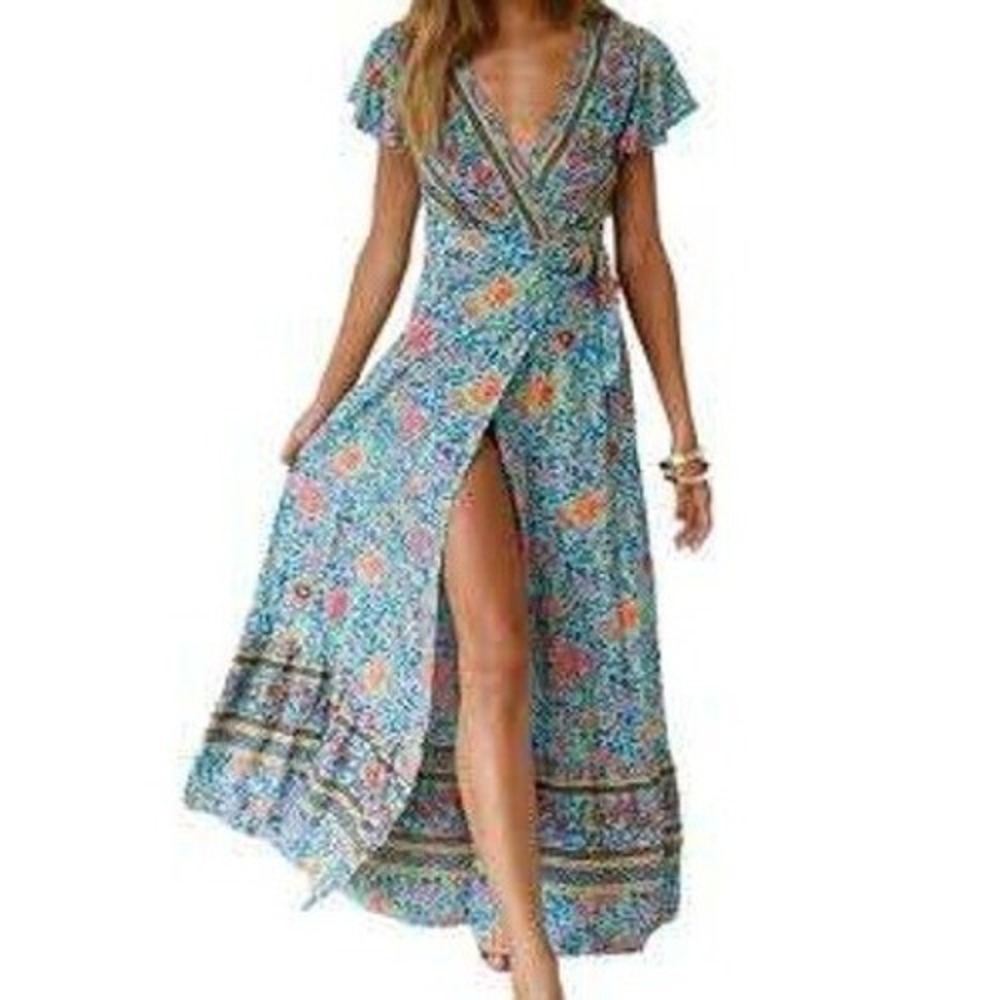 Laklook Teal Floral Paisley Boho‎ Wrap Maxi Dress NWT Size Medium Womens
